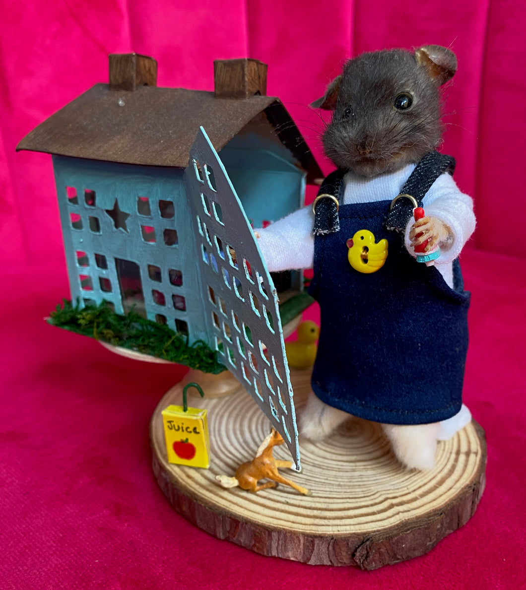 Anthropomorphic Taxidermy Rat with Doll House made by Connie Dayoff