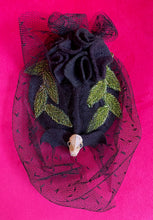 Load image into Gallery viewer, Black Hair Brooch with small rat skull and veil made by Connie Dayoff
