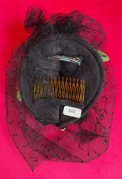 Black Hair Brooch with small rat skull and veil made by Connie Dayoff